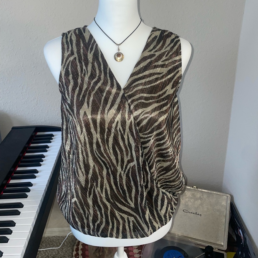 Anthropologie eri + ali. Zebra print brown and tan metallic top.